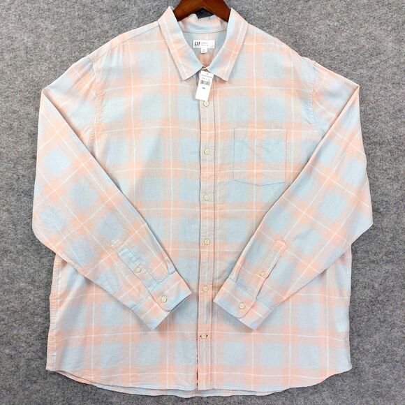 GAP Shirt Mens XXL Blue Peach Plaid Standard Fit Linen Cotton Button Up Casual - Picture 1 of 8